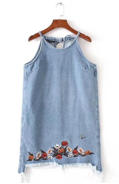 BM71407 Embroidery Denim Dress As Picture