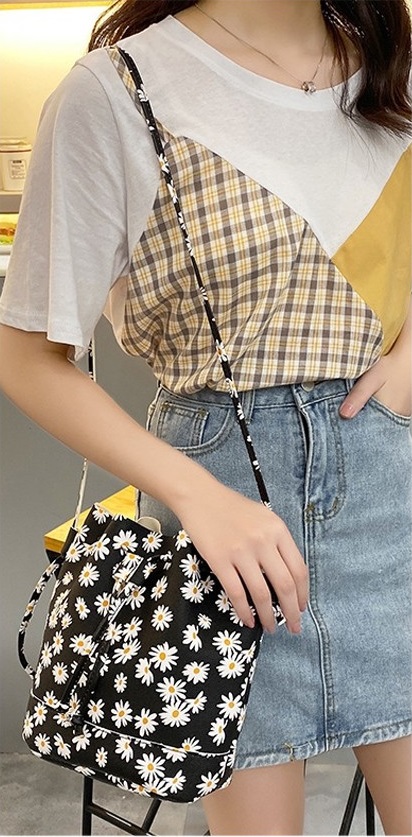 KW80910 Floral Bucket Handbag Black