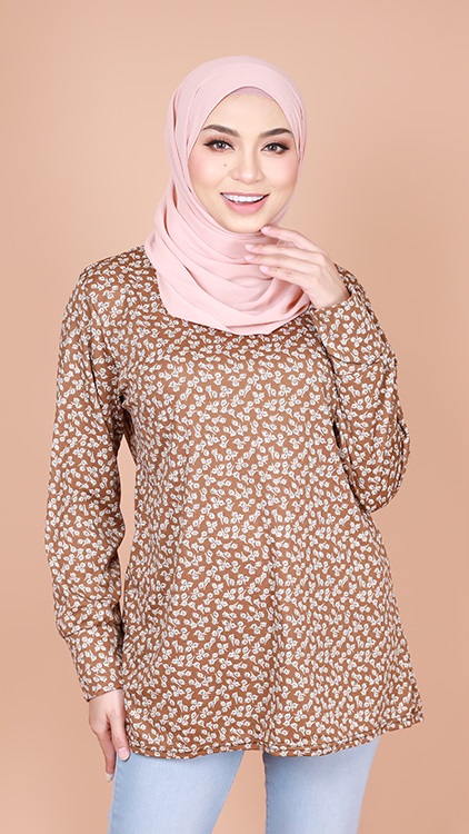 QA-835 FLORAL PRINTED BLOUSE LIGHT BROWN