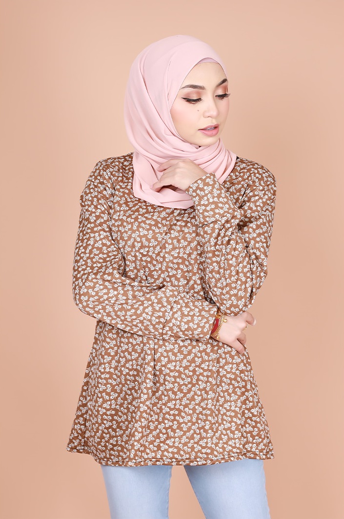 QA-835 FLORAL PRINTED BLOUSE LIGHT BROWN