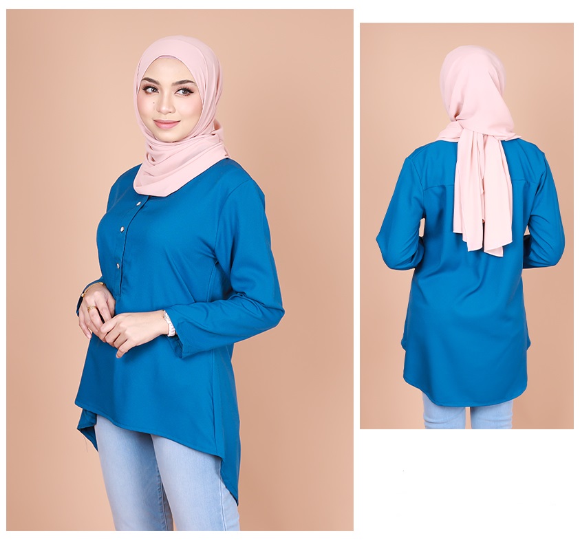 QA-831 V NECK BUTTON BLOUSE BLUE