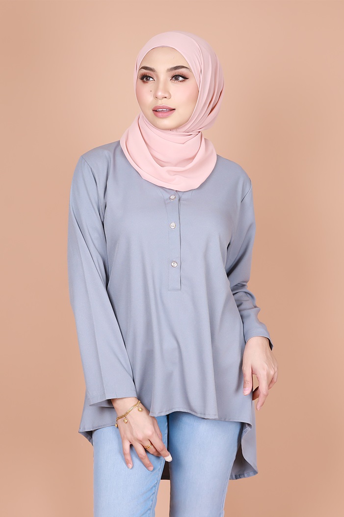 QA-831 V NECK BUTTON BLOUSE GREY