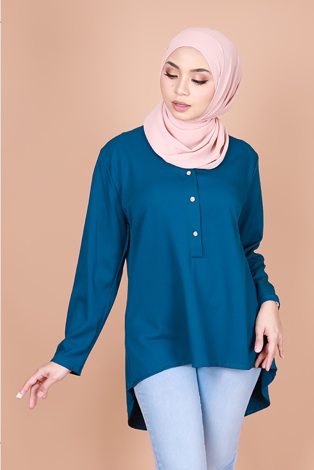 QA-831 V NECK BUTTON BLOUSE TEAL BLUE