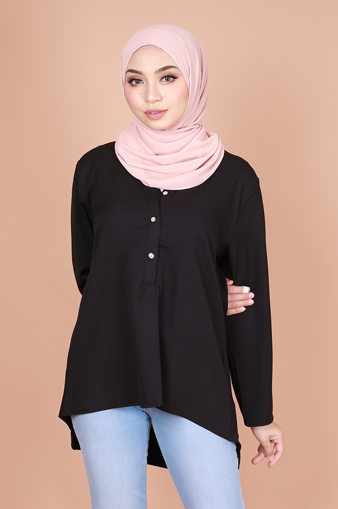 QA-831 V NECK BUTTON BLOUSE BLACK