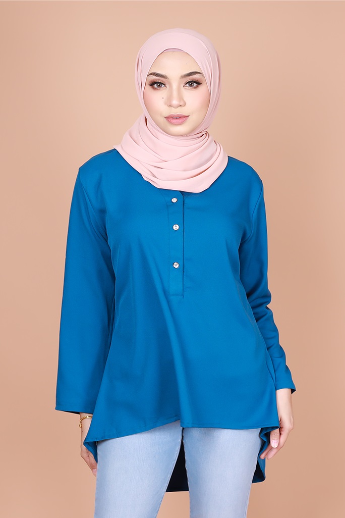 QA-831 V NECK BUTTON BLOUSE BLUE