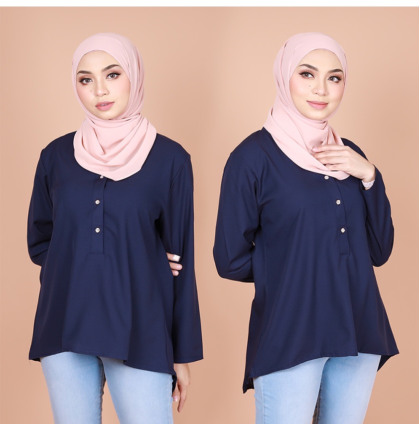 QA-831 V NECK BUTTON BLOUSE NAVY BLUE