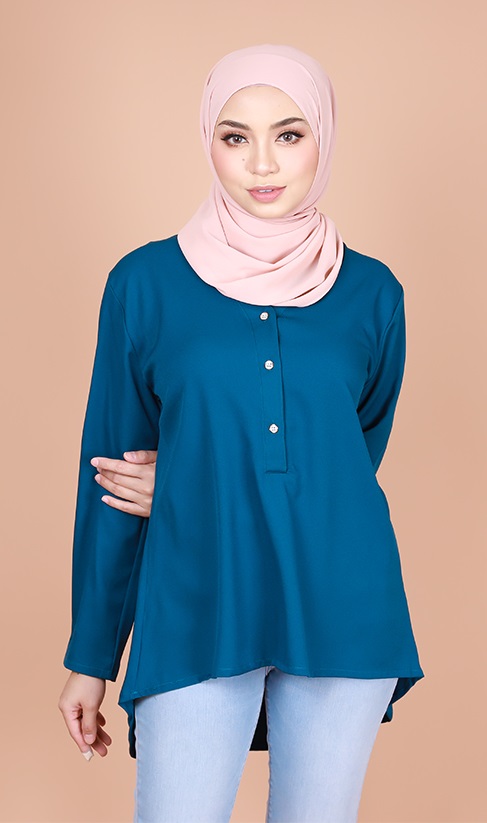 QA-831 V NECK BUTTON BLOUSE TEAL BLUE