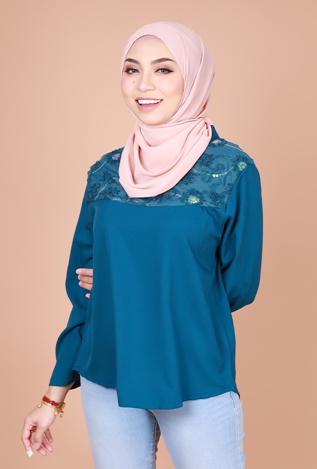 QA-834 FLOWER LACE BLOUSE TEAL BLUE