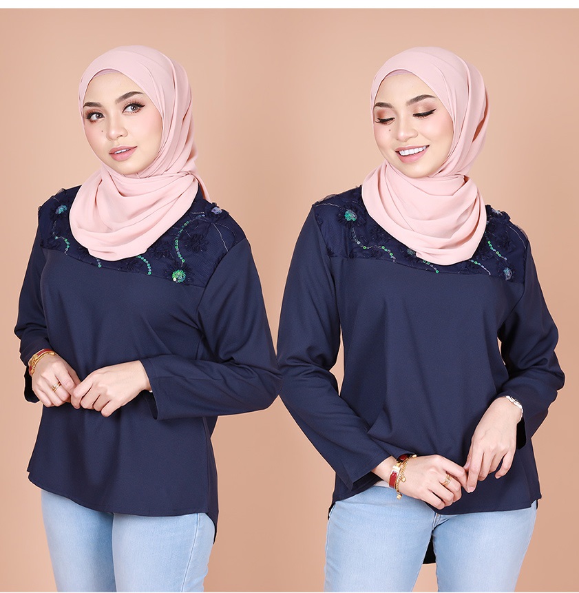 QA-834 FLOWER LACE BLOUSE NAVY BLUE