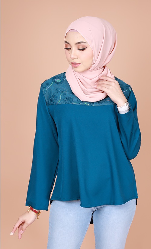 QA-834 FLOWER LACE BLOUSE TEAL BLUE