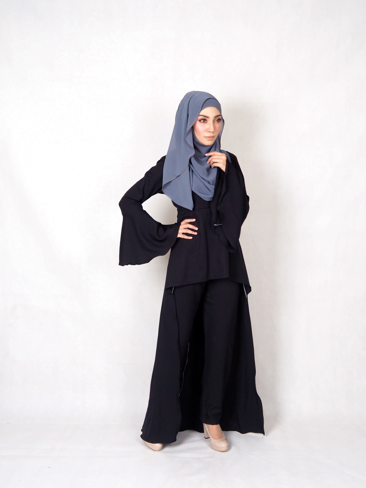 WT7707 Plus Size Blouse Pant Black Tops Muslim Fashion 