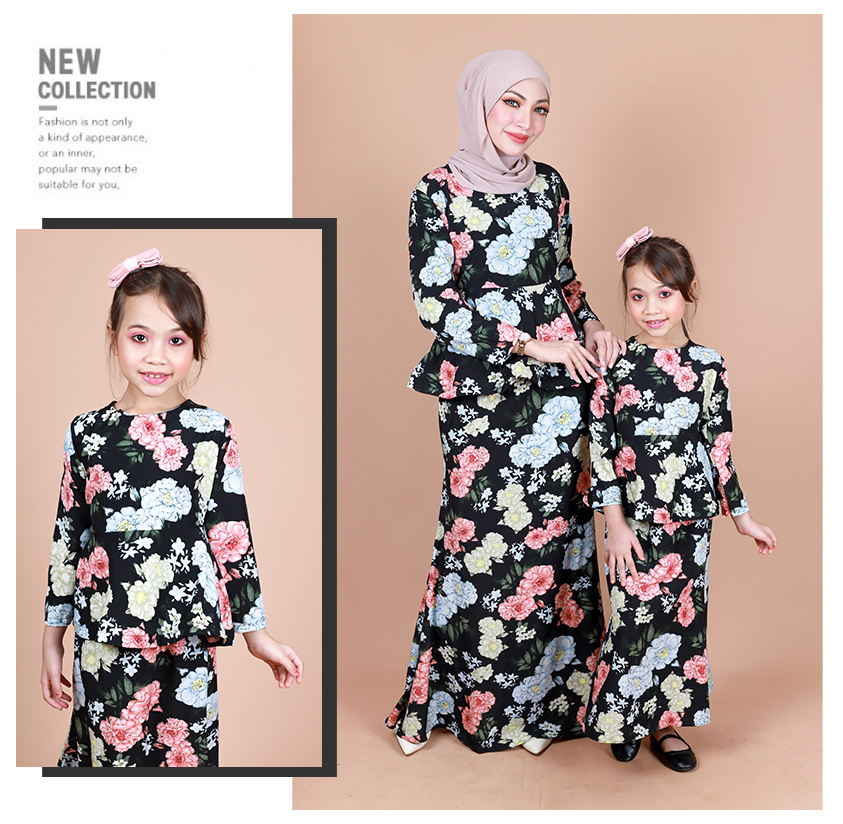 QA-865 - Stylish Kids Flora Baju Kurung Black