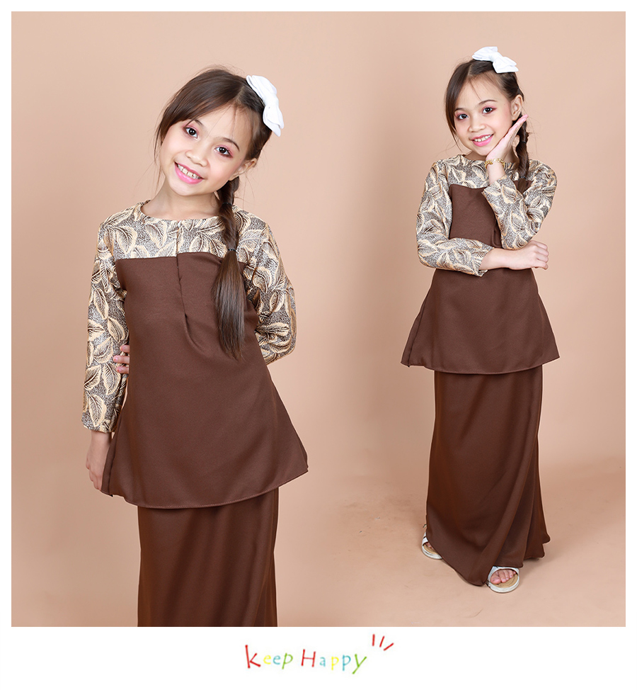 QA-853 - Kids Lace Sleeve Peplum Baju Kurung Brown