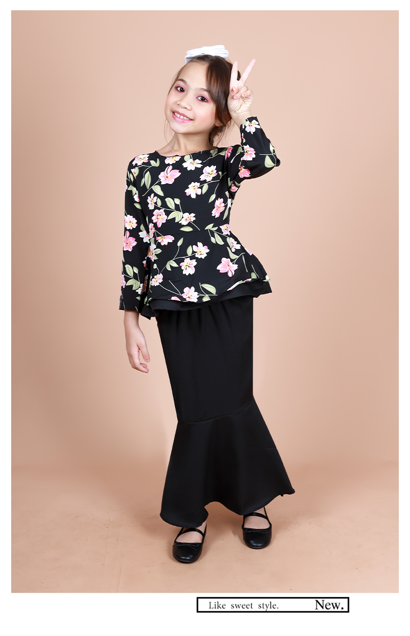 QA-856 - Kids Flora Layer Peplum Baju Kurung Black