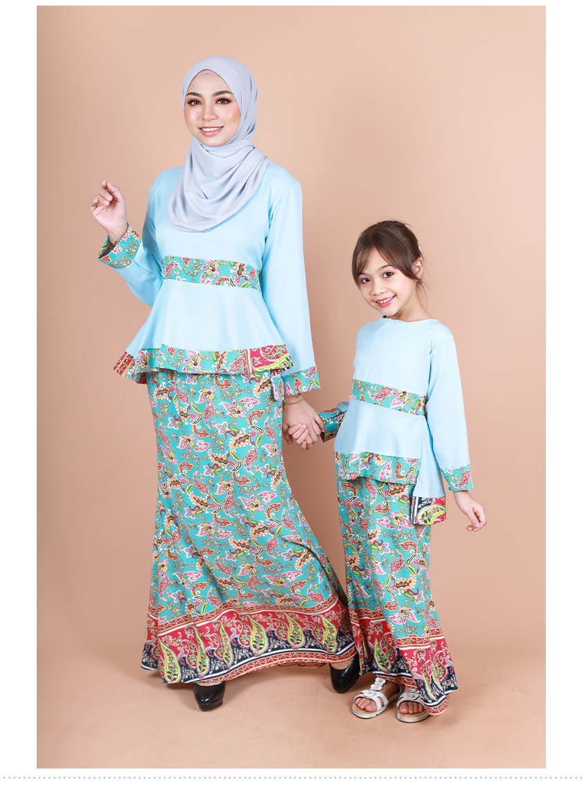 QA-850 - Trendy Peplum Flora Baju Kurung Set Sky Blue