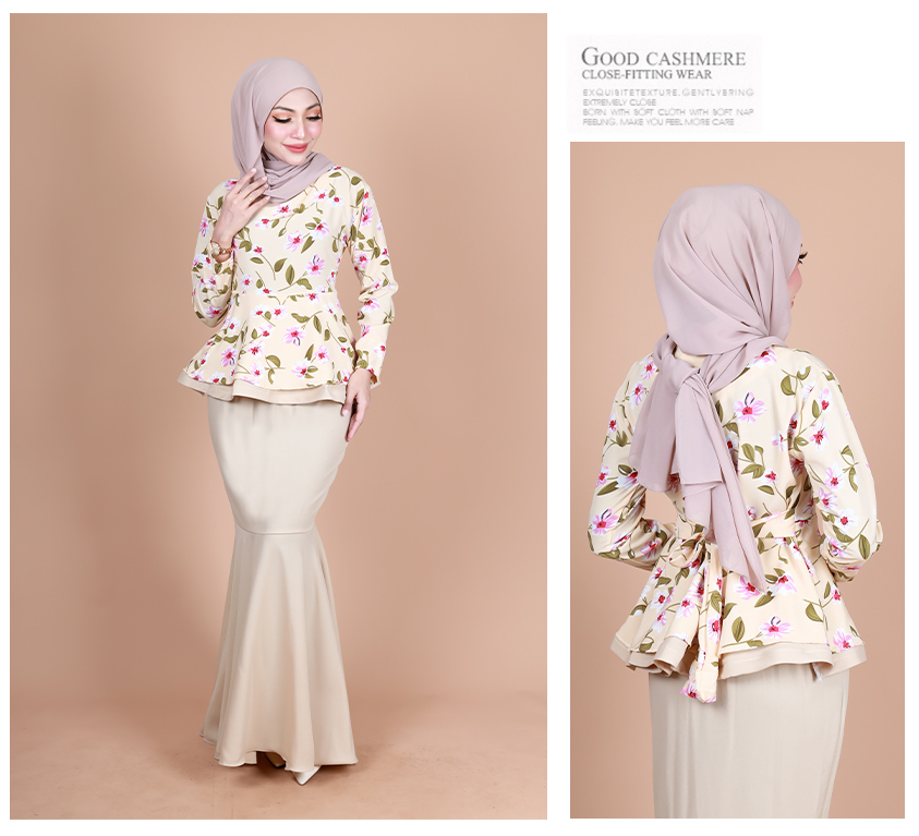 QA-855 - Fashion Flora Layer Peplum Baju Kurung Cream