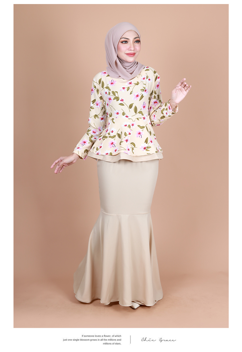 QA-855 - Fashion Flora Layer Peplum Baju Kurung Cream