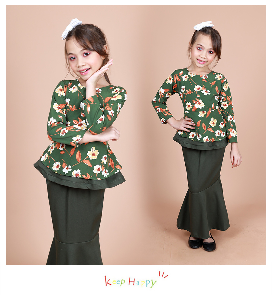 QA-856 - Kids Flora Layer Peplum Baju Kurung Green