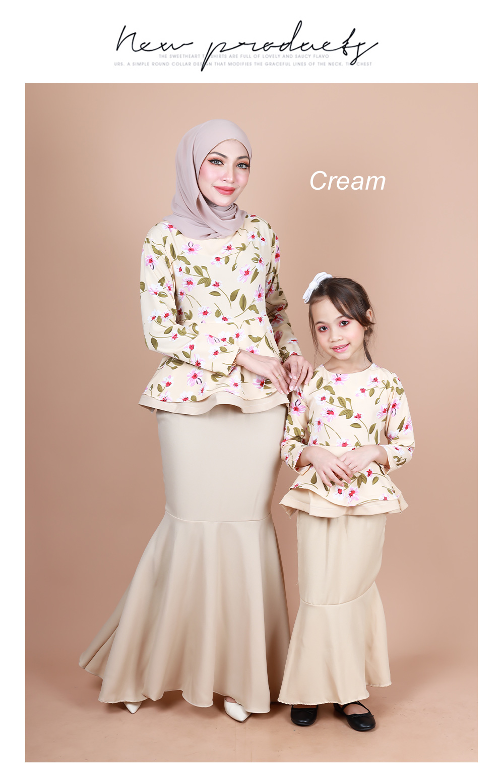 QA-856 - Kids Flora Layer Peplum Baju Kurung Cream
