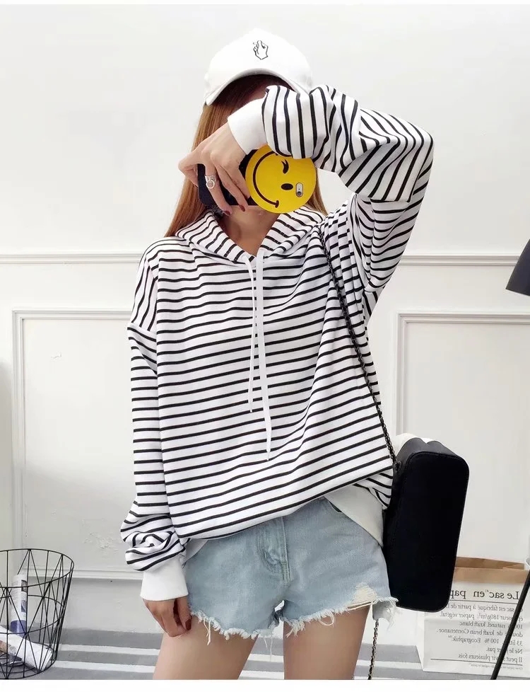 QA-874 - Fashion Stripe Hooded Top White