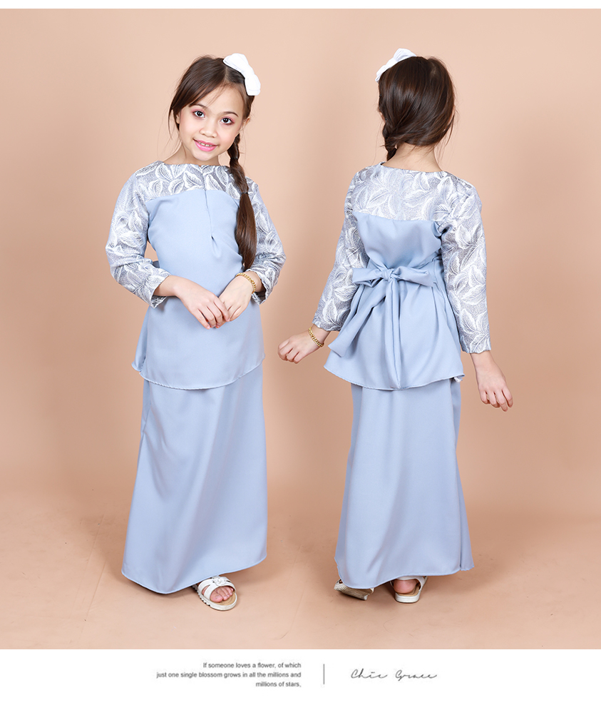QA-853 - Kids Lace Sleeve Peplum Baju Kurung Grey