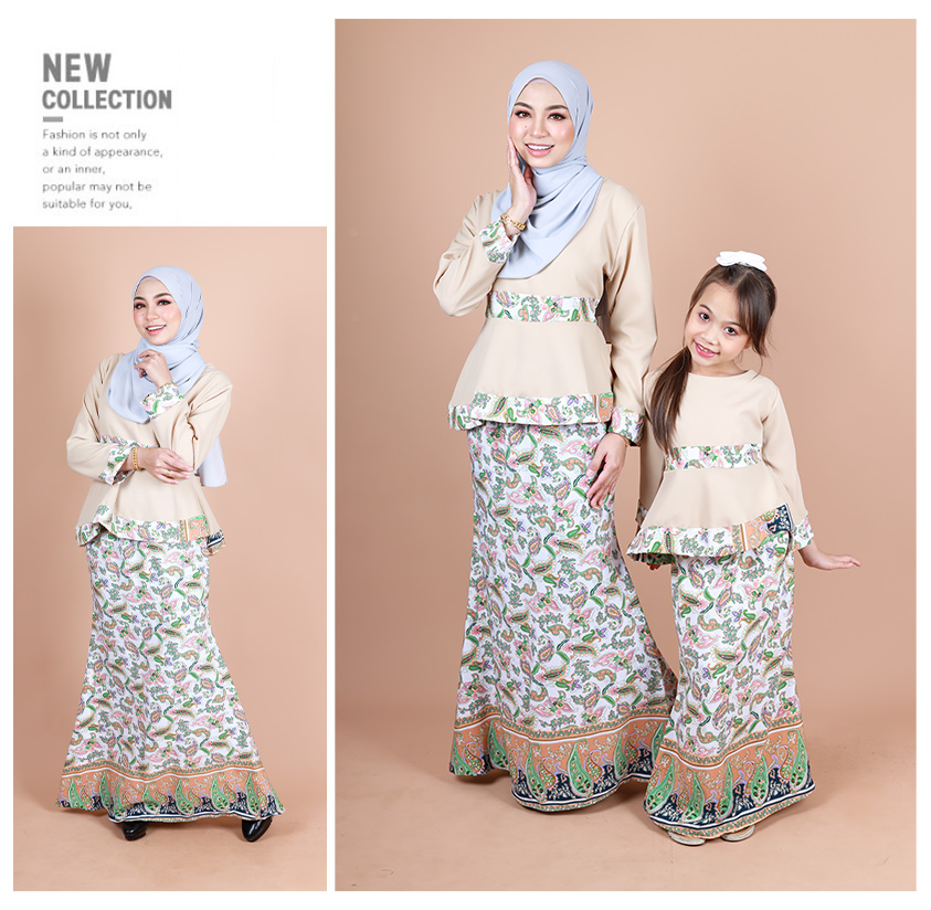 QA-850 - Trendy Peplum Flora Baju Kurung Set Khaki