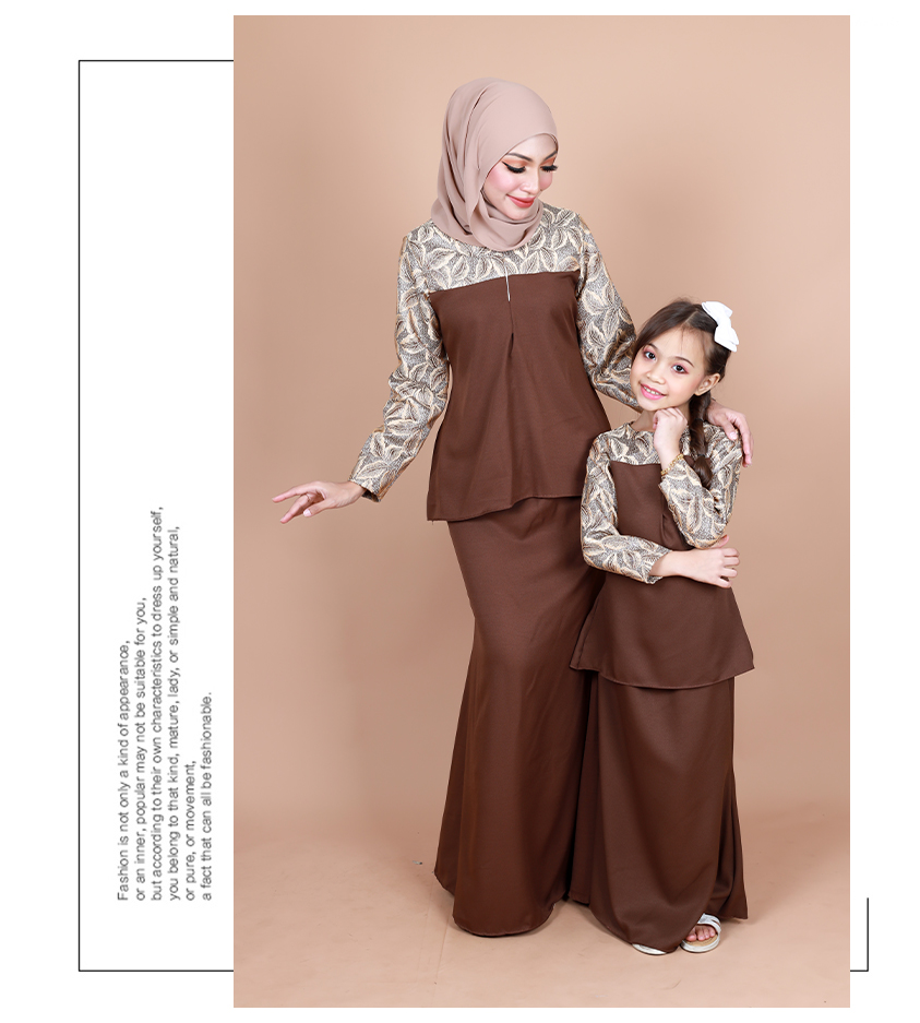 QA-853 - Kids Lace Sleeve Peplum Baju Kurung Brown