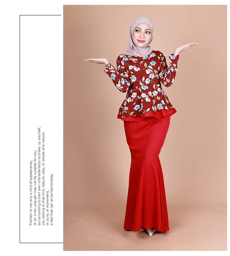 QA-855 - Fashion Flora Layer Peplum Baju Kurung Red