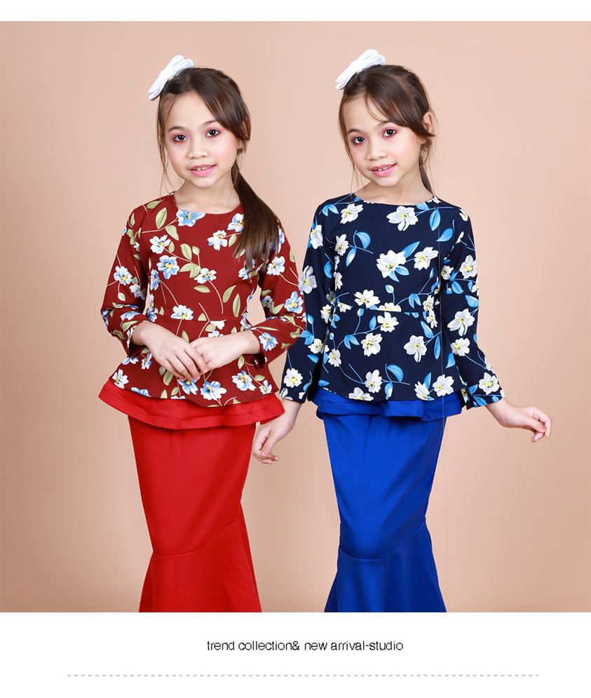 QA-856 - Kids Flora Layer Peplum Baju Kurung Blue