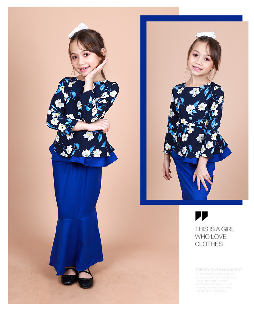 QA-856 - Kids Flora Layer Peplum Baju Kurung Blue