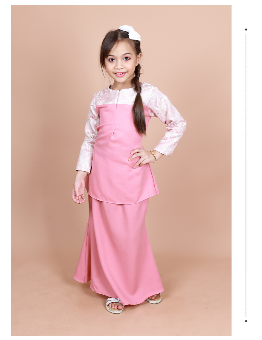 QA-853 - Kids Lace Sleeve Peplum Baju Kurung Pink