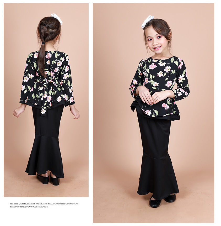QA-856 - Kids Flora Layer Peplum Baju Kurung Black