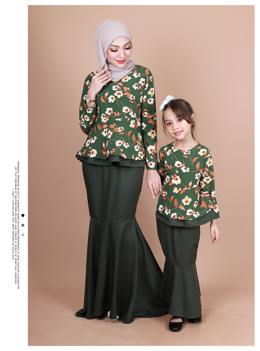QA-856 - Kids Flora Layer Peplum Baju Kurung Green