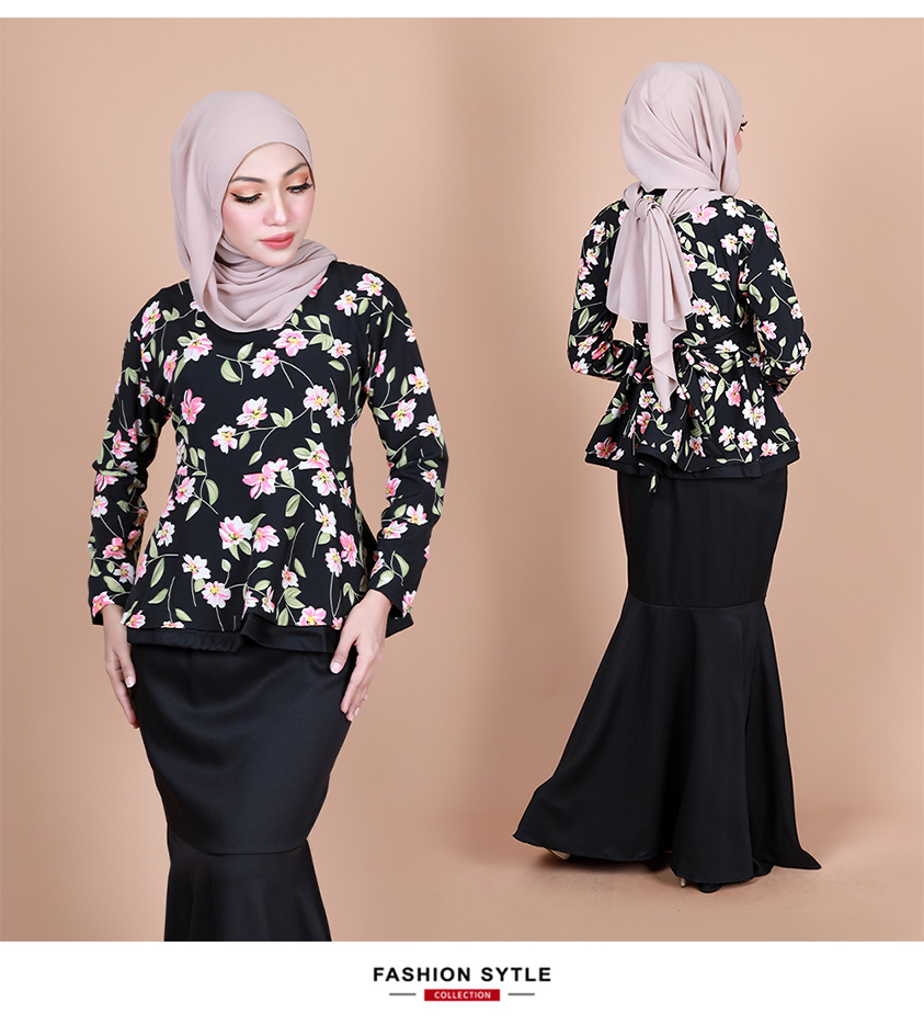QA-855 - Fashion Flora Layer Peplum Baju Kurung Black