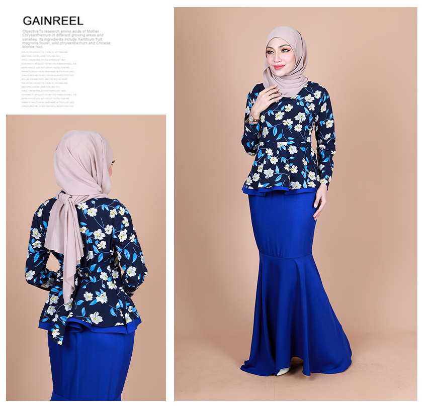QA-855 - Fashion Flora Layer Peplum Baju Kurung Blue