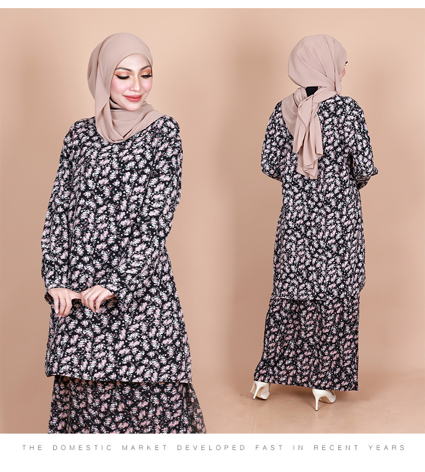 QA-876 - Printed Flora Baju Kurung Black