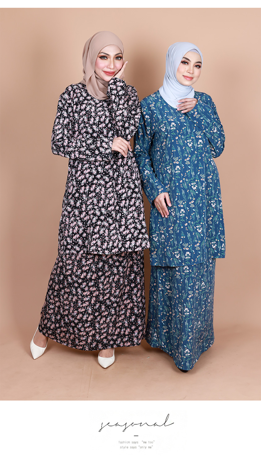 QA-876 - Printed Flora Baju Kurung Blue