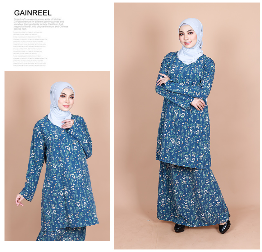 QA-876 - Printed Flora Baju Kurung Blue