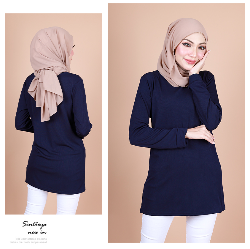 QA-884 - Simple Solid Long Sleeve Blouse Navy